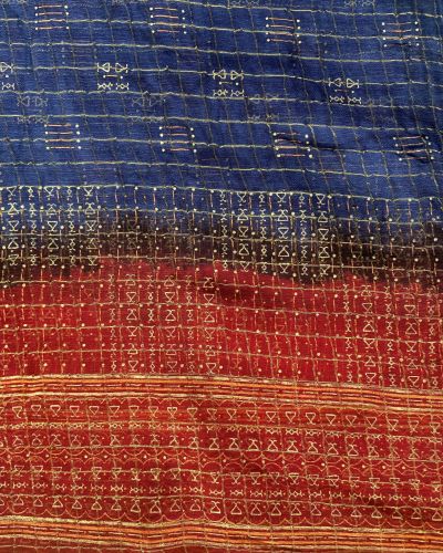 Gold Zari Weaving in Check Pattern with Abstract Point & Maroon Shaded Border On Navy Blue Georgette Fabric