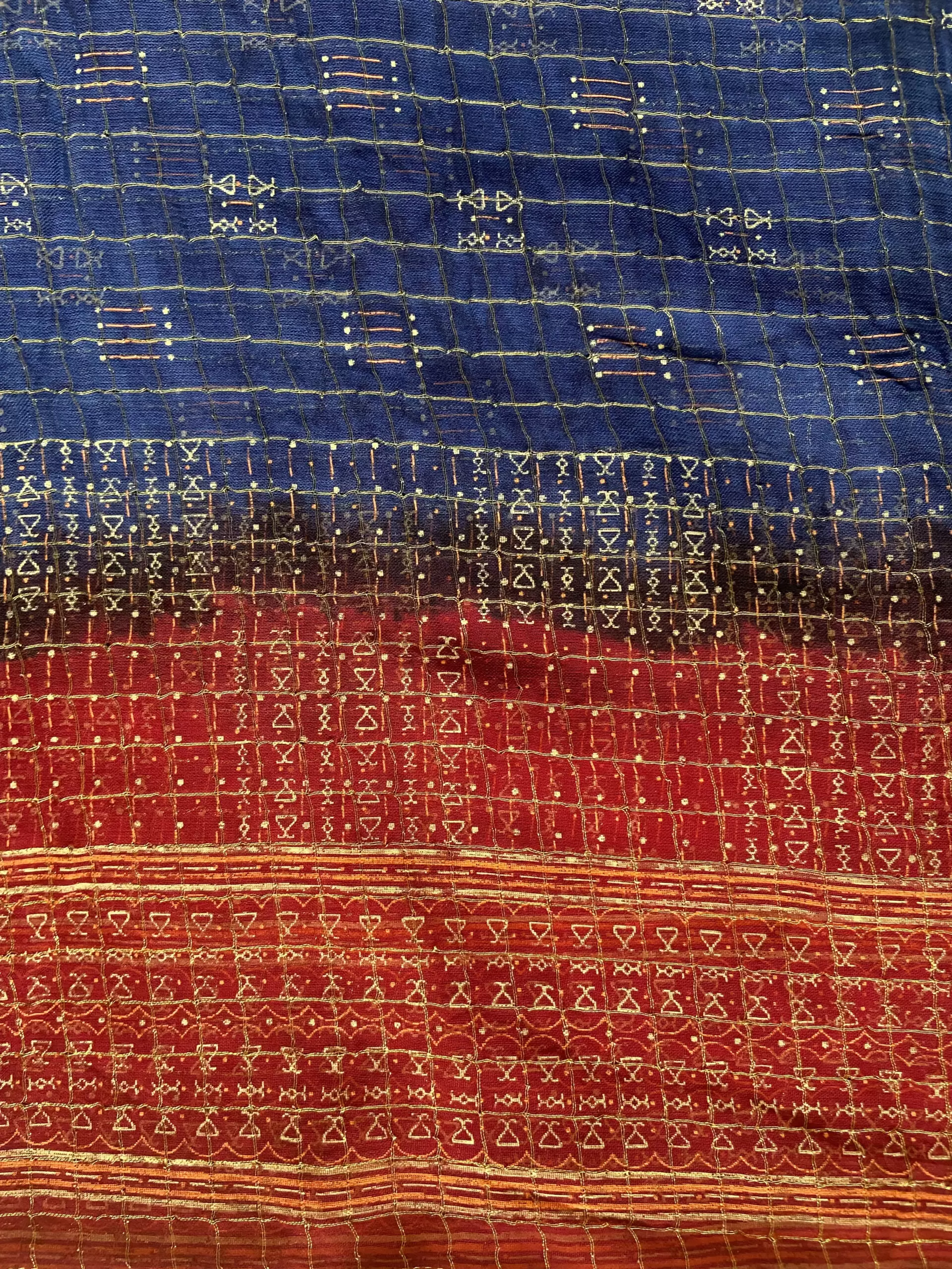 Gold Zari Weaving in Check Pattern with Abstract Point & Maroon Shaded Border On Navy Blue Georgette Fabric
