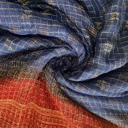 Gold Zari Weaving in Check Pattern with Abstract Point & Maroon Shaded Border On Navy Blue Georgette Fabric