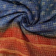 Gold Zari Weaving in Check Pattern with Abstract Point & Maroon Shaded Border On Navy Blue Georgette Fabric