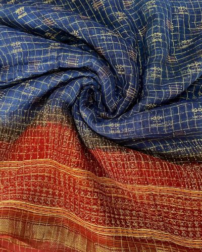 Gold Zari Weaving in Check Pattern with Abstract Point & Maroon Shaded Border On Navy Blue Georgette Fabric