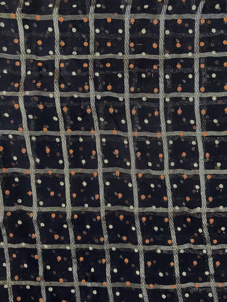 Gold Zari Weaving In Big Check Pattern & Polka Dot Print in Black Georgette