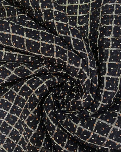 Gold Zari Weaving In Big Check Pattern & Polka Dot Print in Black Georgette