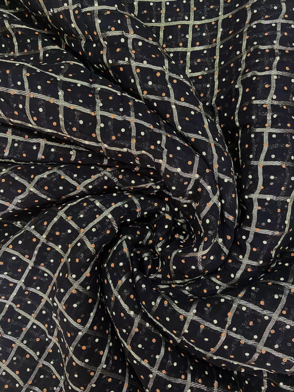 Gold Zari Weaving In Big Check Pattern & Polka Dot Print in Black Georgette