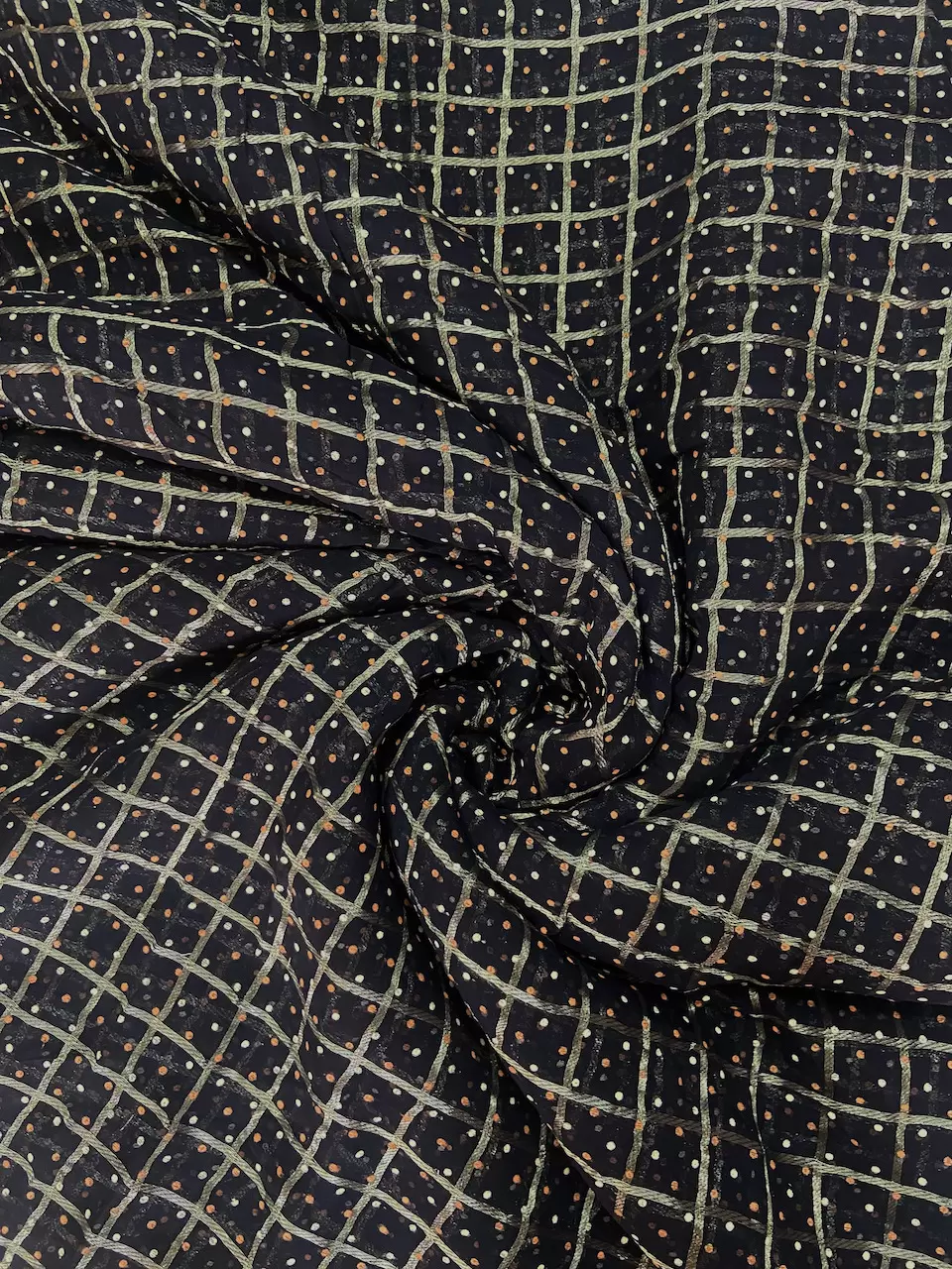 Gold Zari Weaving In Big Check Pattern & Polka Dot Print in Black Georgette
