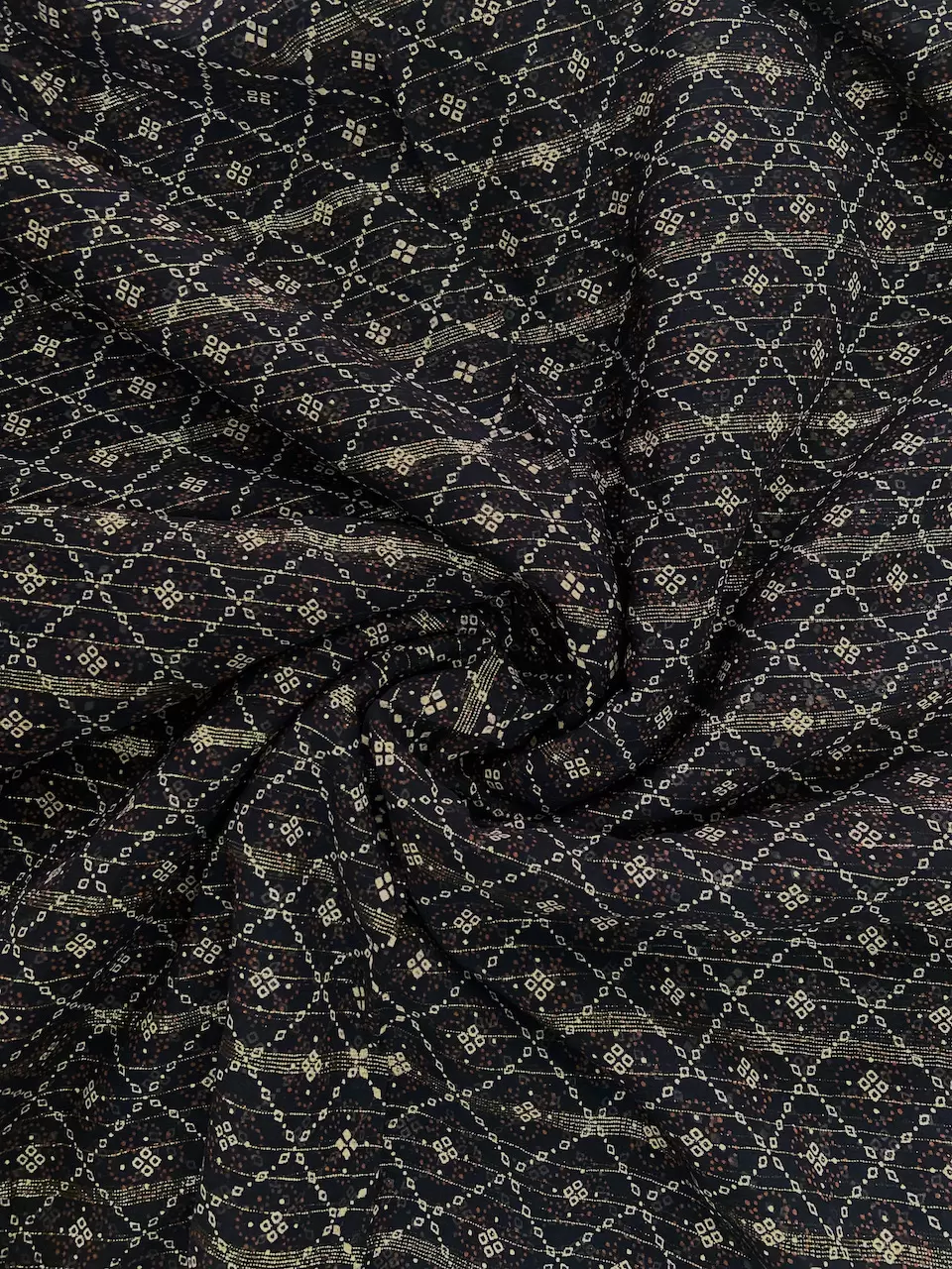 Gold Zari Weaving In Abstract with Bandhani Print in Black Georgette