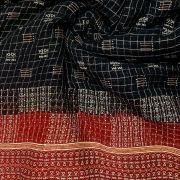 georgette fabric | black georgette fabric | Gold Zari Weaving in Check Pattern with Abstract Point & Maroon Shaded Border On Black Georgette