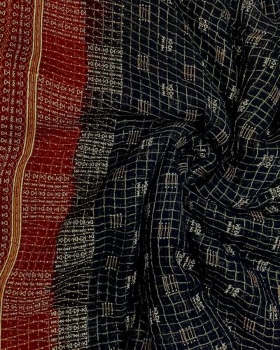 Gold Zari Weaving in Check Pattern with Abstract Point & Maroon Shaded Border On Black Georgette