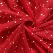 Red netting fabric | All Over Gold Sequin Buti On Red Net Fabric