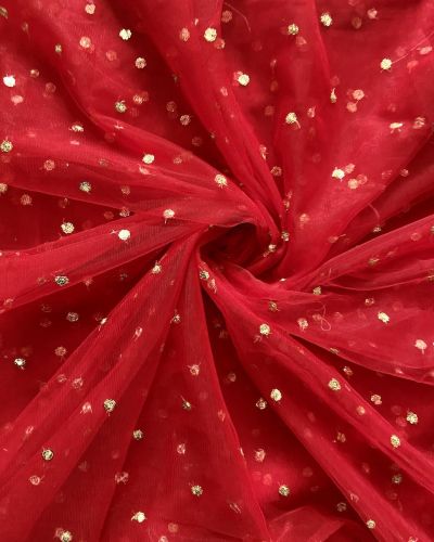 All Over Gold Sequin Buti On Red Net Fabric