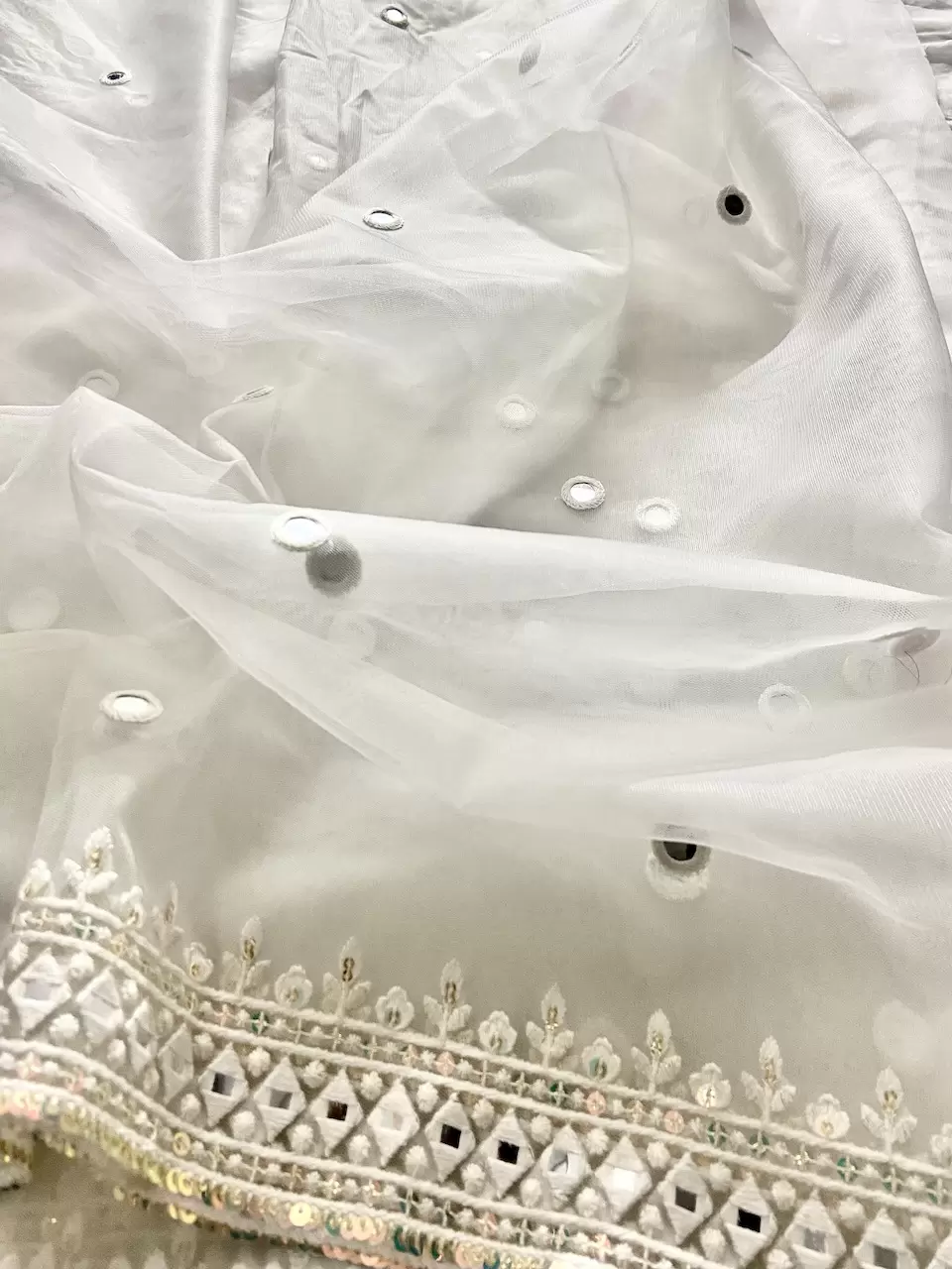 White Net Fabric With Mirror Border & Mirror Buti All Over