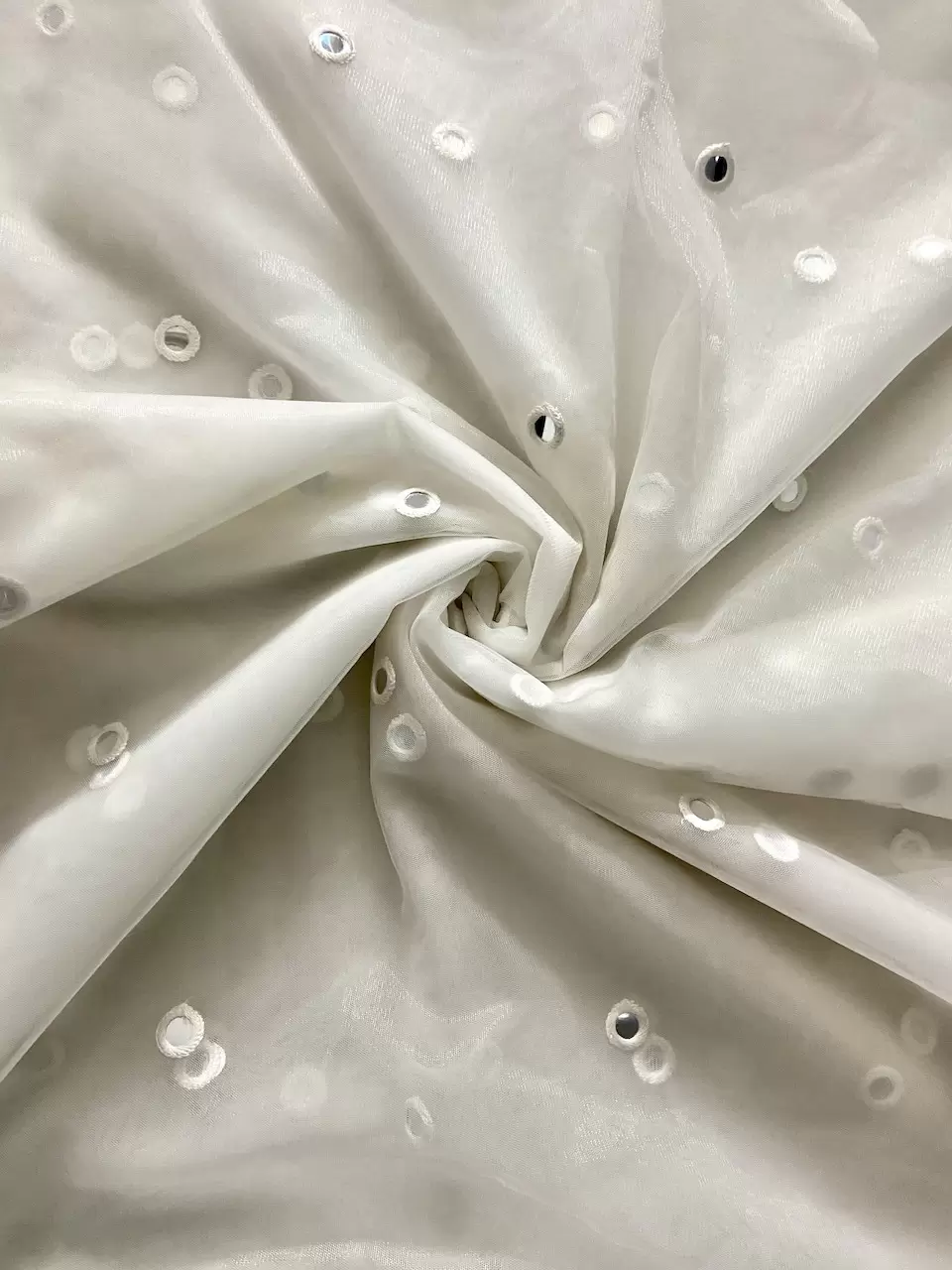 white embroidered net fabric | printed organza fabric | White Net Fabric With Mirror Border & Mirror Buti All Over