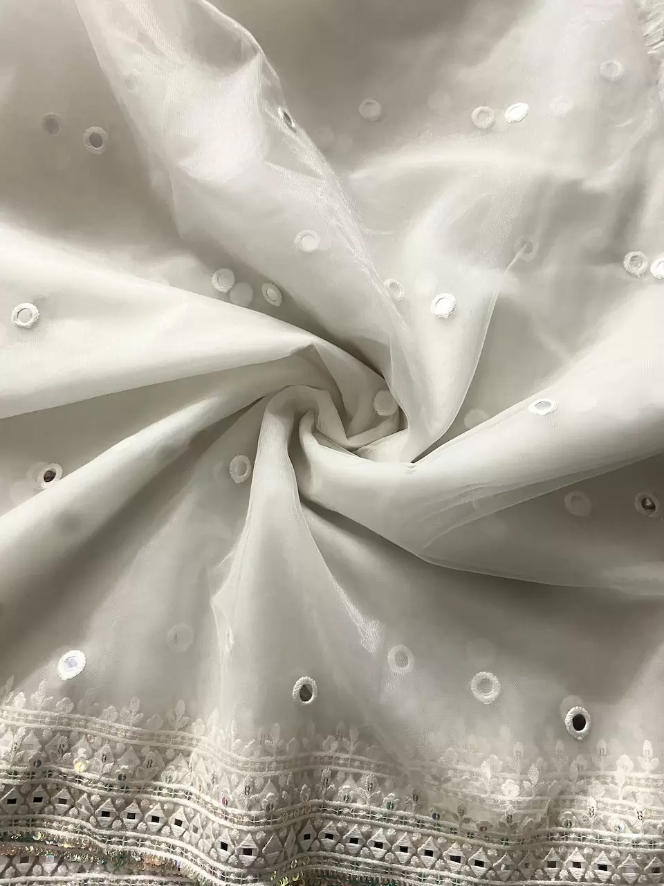 White Net Fabric With Mirror Border & Mirror Buti All Over
