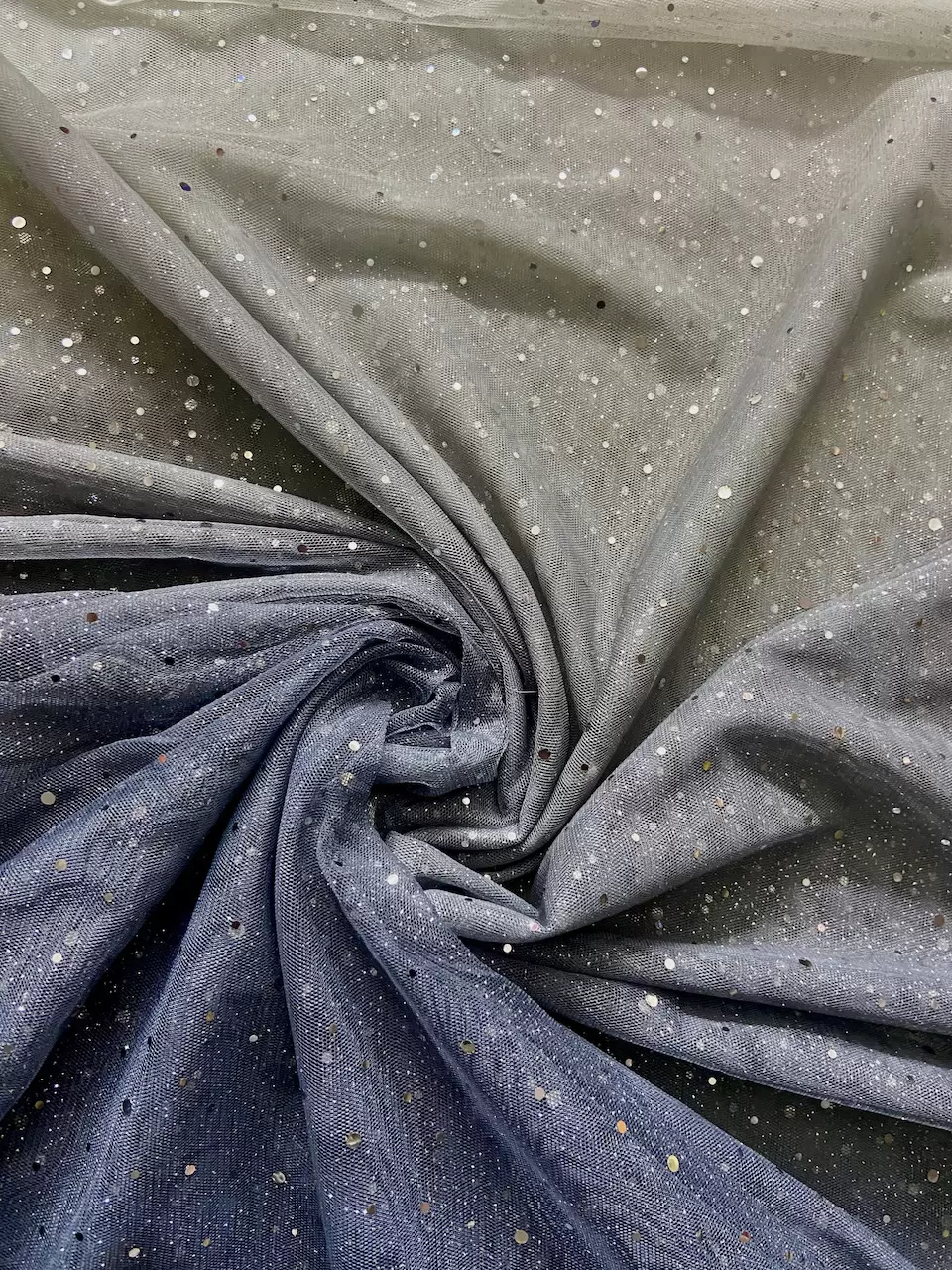 White To Grey Shaded Net Fabric With Silver Tikki All Over