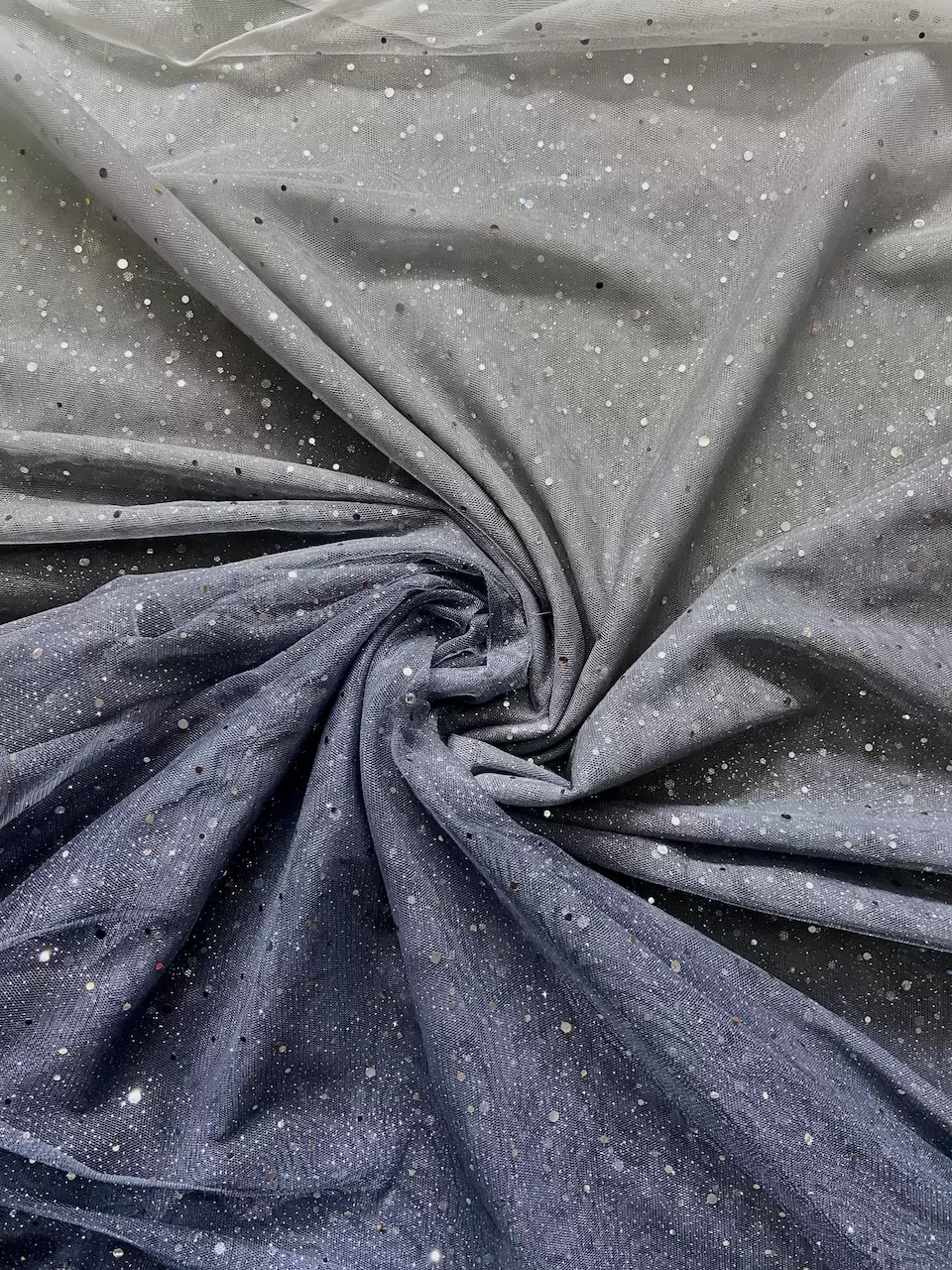 shade net fabric | White To Grey Shaded Net Fabric With Silver Tikki All Over