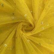 yellow netting fabric | All Over Gold Sequin Buti On Lemon Yellow Net Fabric