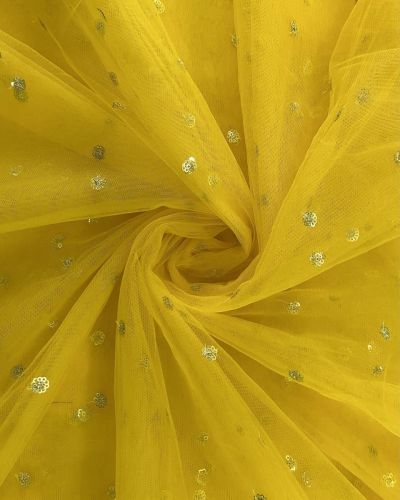 All Over Gold Sequin Buti On Lemon Yellow Net Fabric