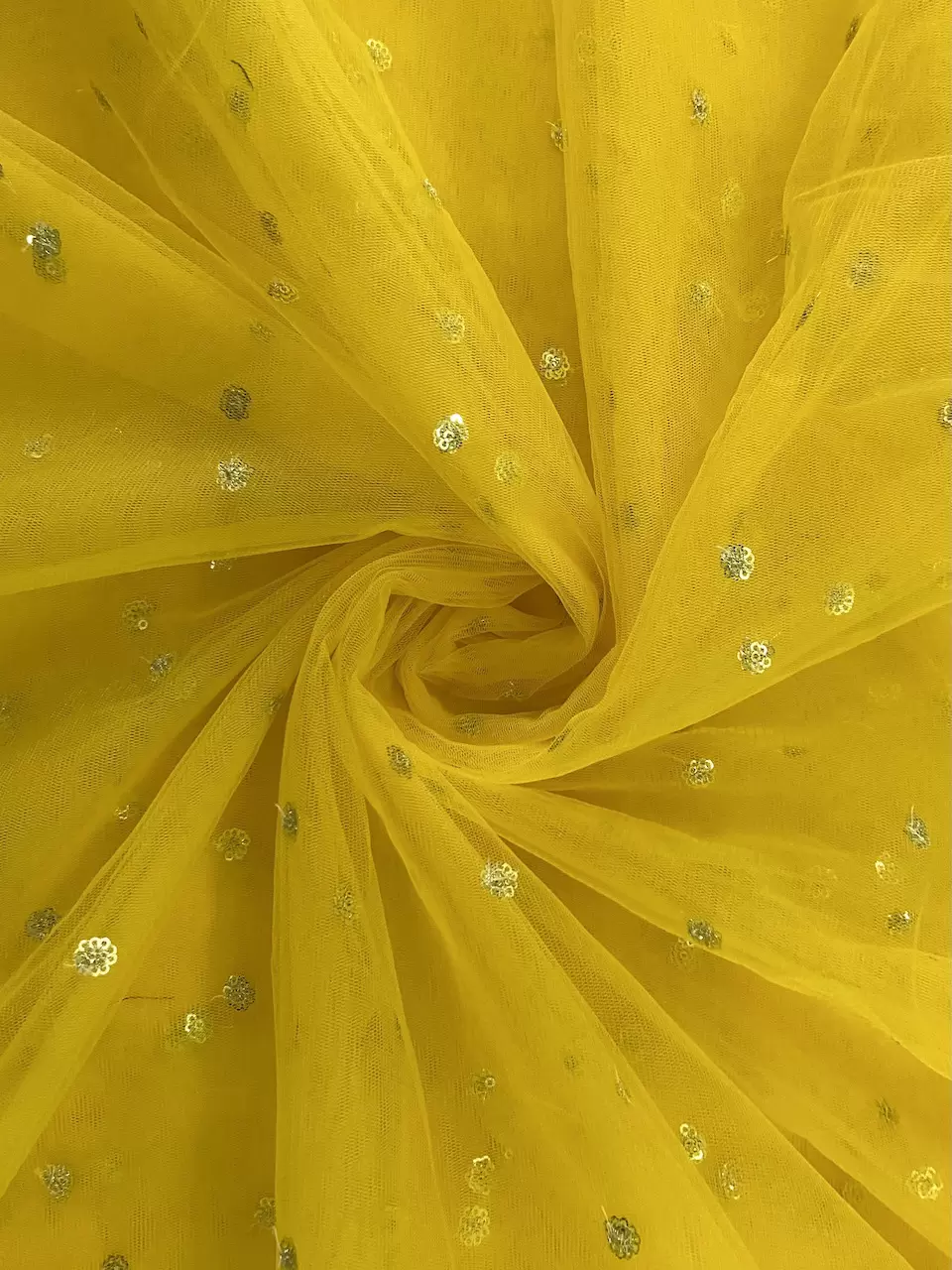 All Over Gold Sequin Buti On Lemon Yellow Net Fabric
