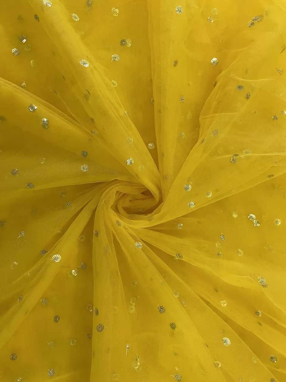 All Over Gold Sequin Buti On Lemon Yellow Net Fabric