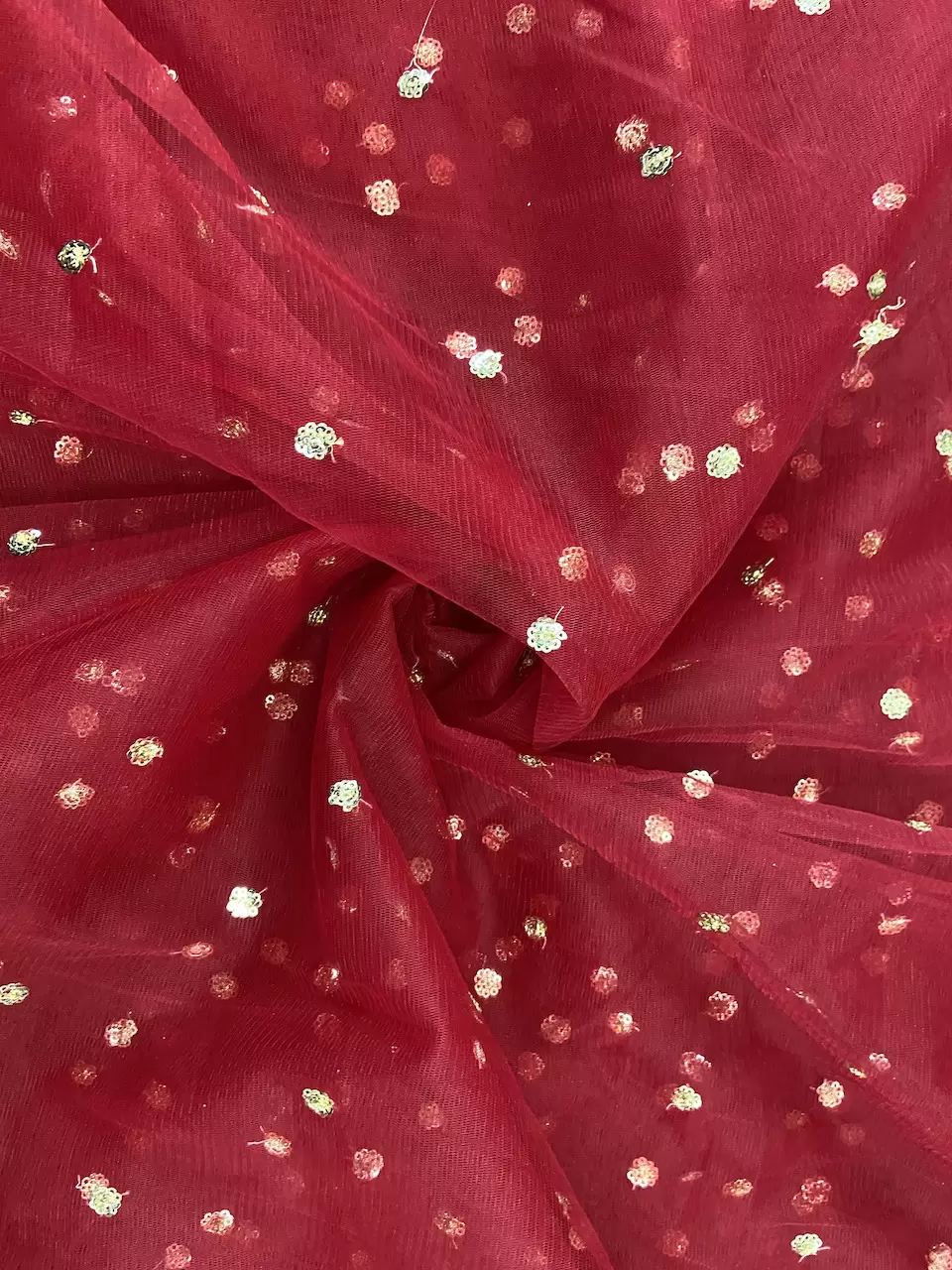 All Over Gold Sequin Buti On Maroon Net Fabric