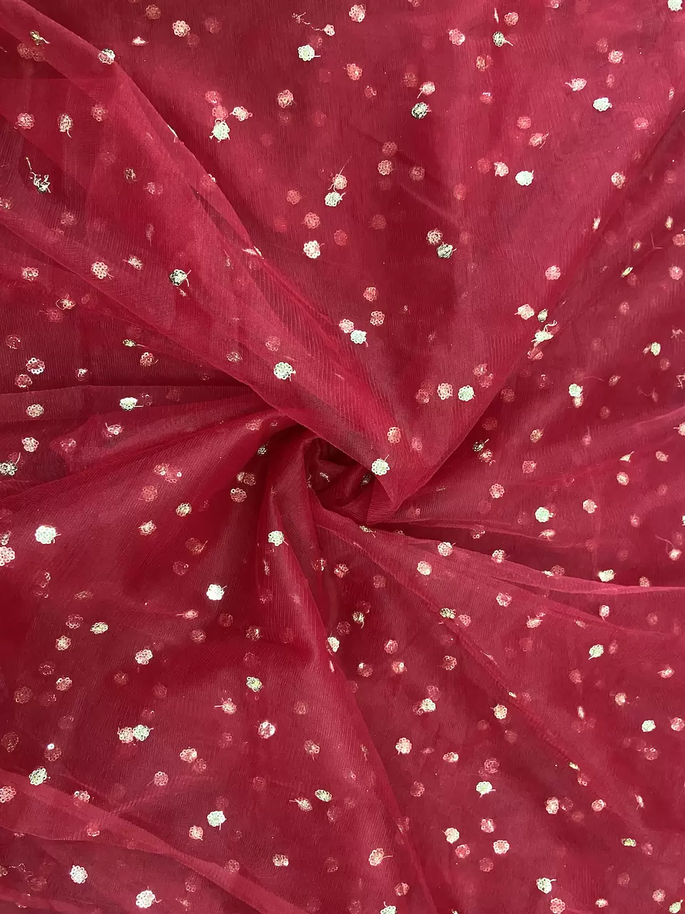 embroidered net fabric | maroon net fabric | embroidered net fabric online | All Over Gold Sequin Buti On Maroon Net Fabric