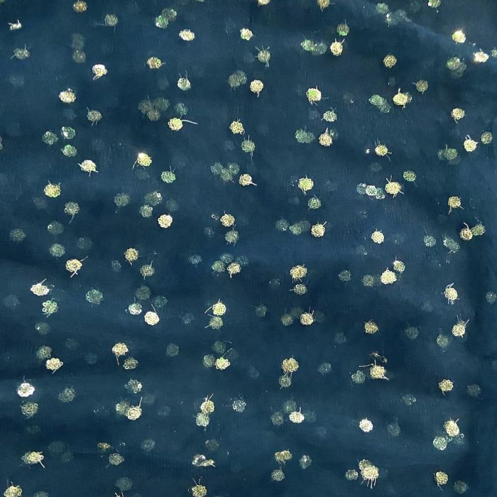 All Over Gold Sequin Buti On Peacock Blue Net Fabric