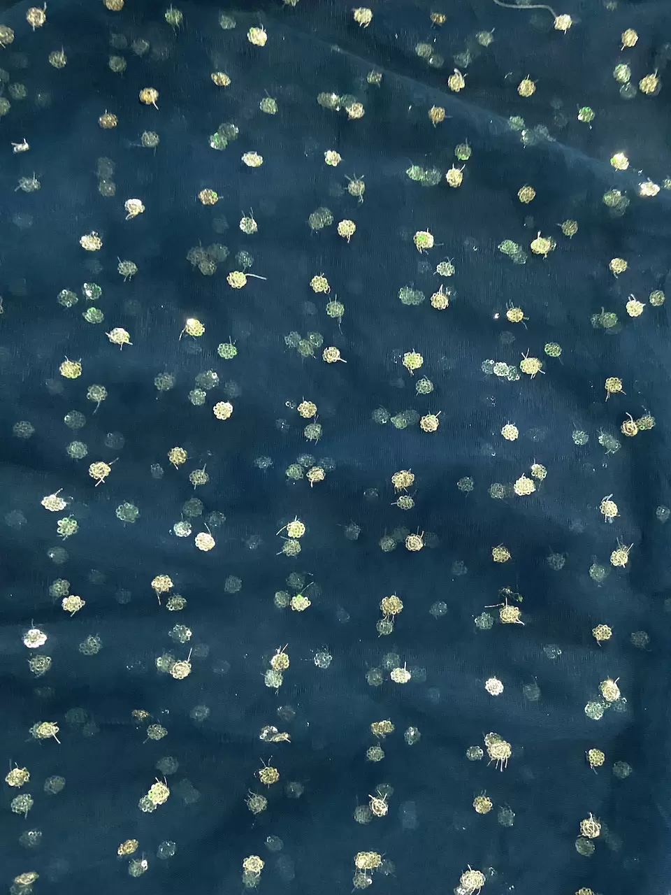 All Over Gold Sequin Buti On Peacock Blue Net Fabric