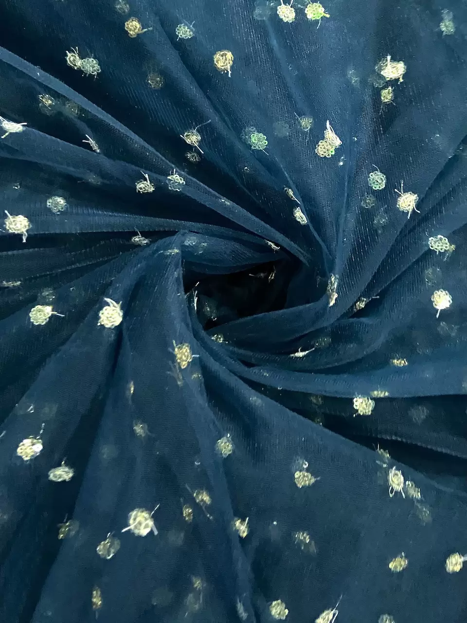 All Over Gold Sequin Buti On Peacock Blue Net Fabric