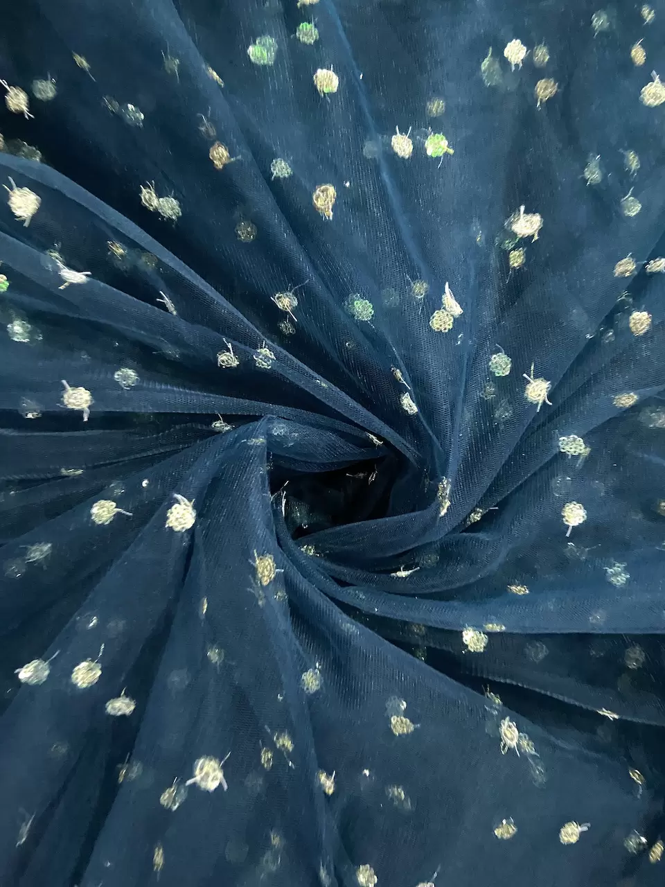 All Over Gold Sequin Buti On Peacock Blue Net Fabric