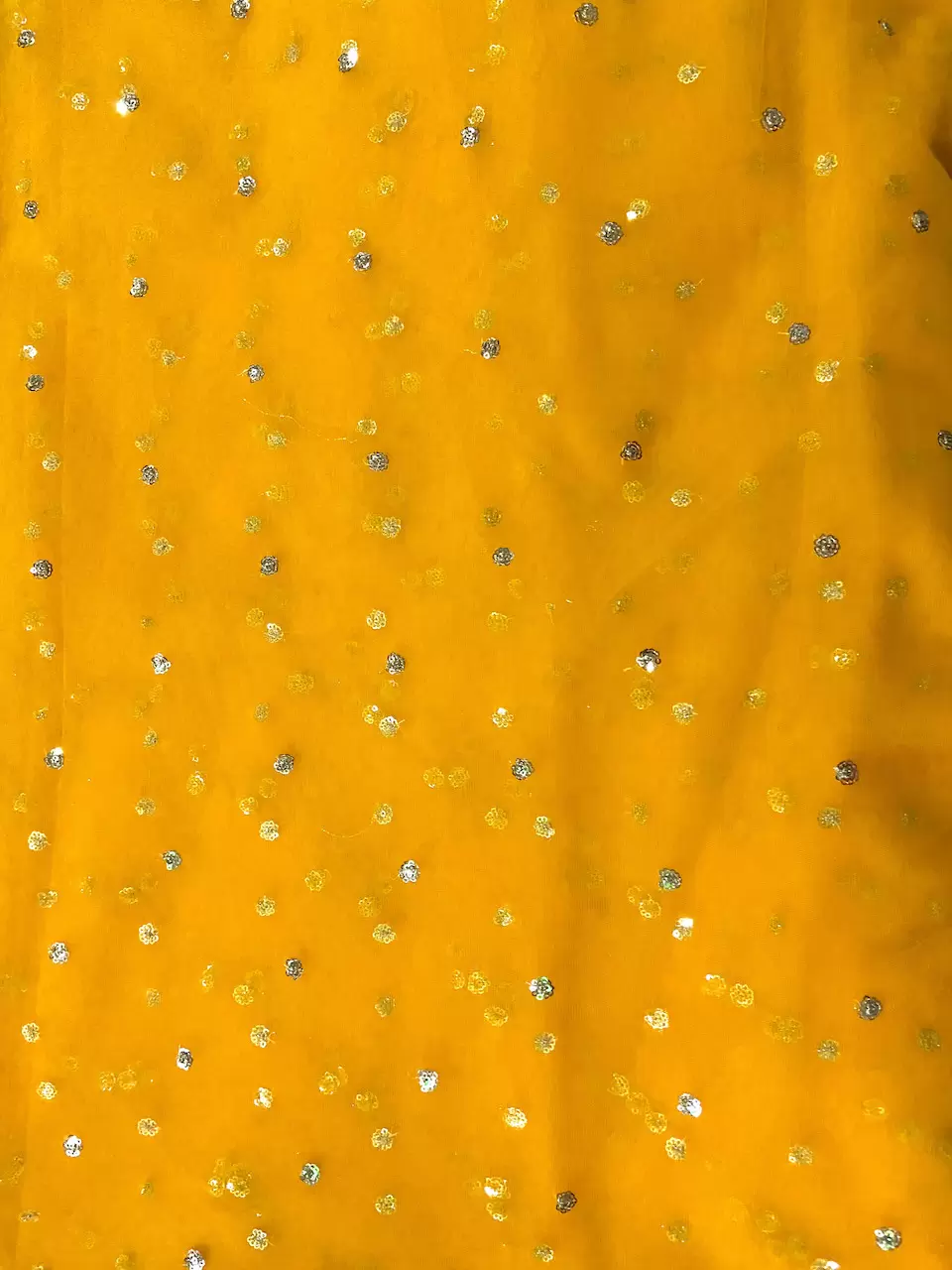 All Over Gold Sequin Buti On Orange Yellow Net Fabric
