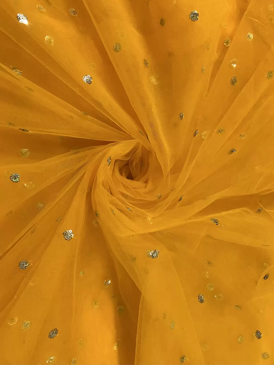 All Over Gold Sequin Buti On Orange Yellow Net Fabric