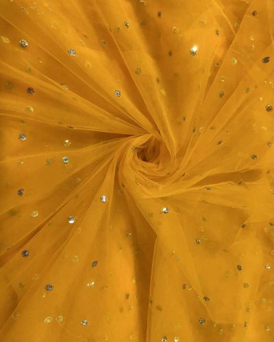 All Over Gold Sequin Buti On Orange Yellow Net Fabric