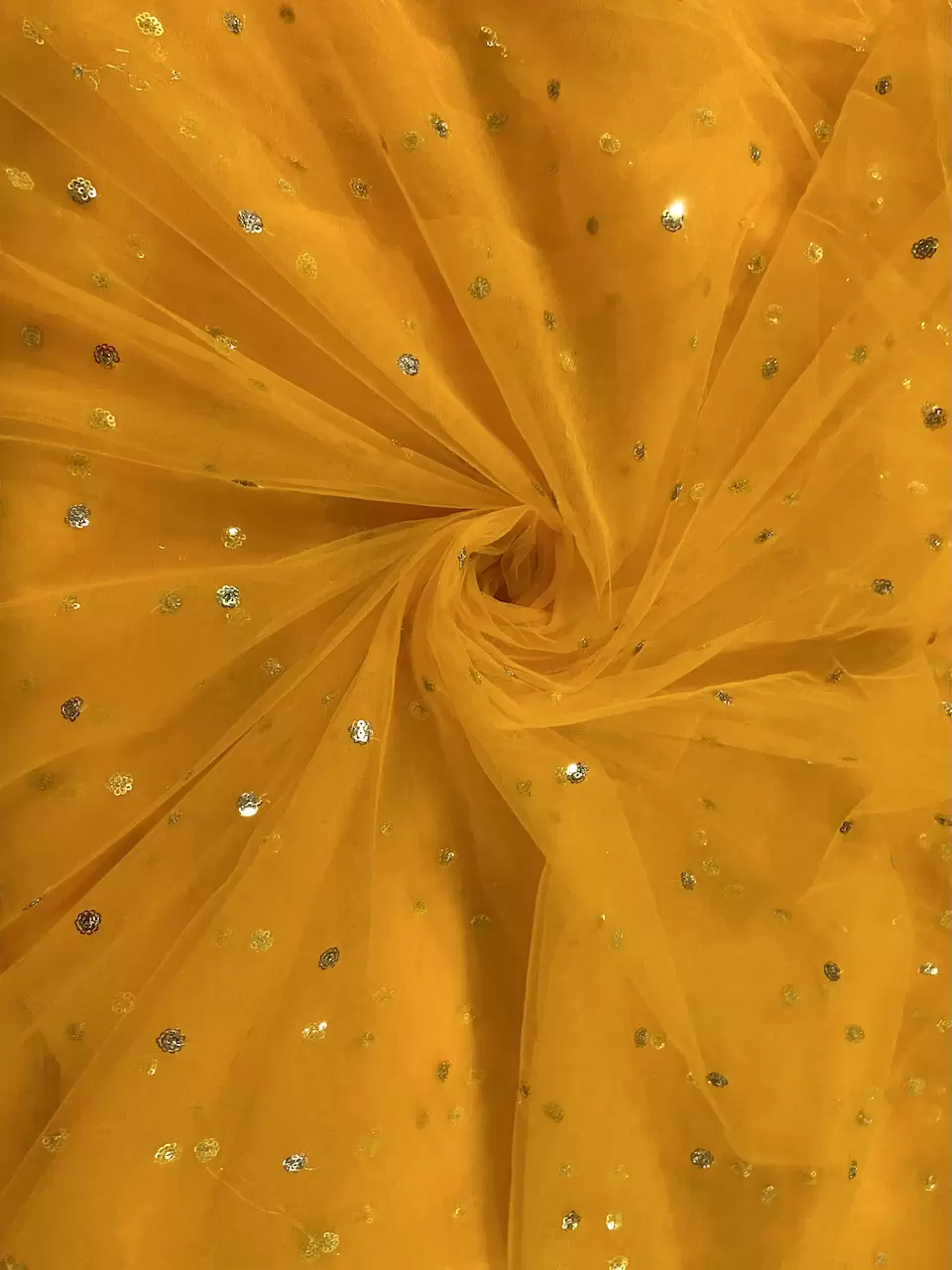 yellow netting fabric | yellow net fabric | pink georgette fabric | All Over Gold Sequin Buti On Orange Yellow Net Fabric