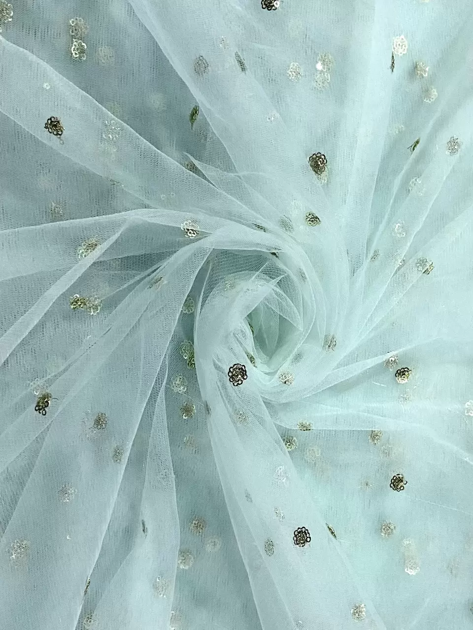 sky blue net fabric | gold shimmer fabric | All Over Gold Sequin Buti On Sky Blue Net Fabric