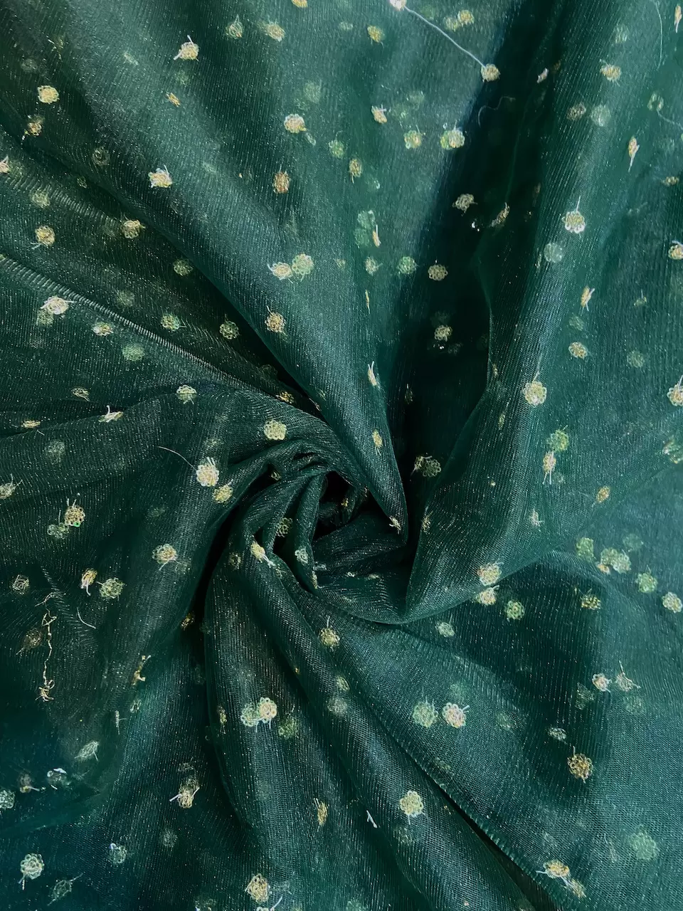 All Over Gold Sequin Buti On Bottle Green Net Fabric