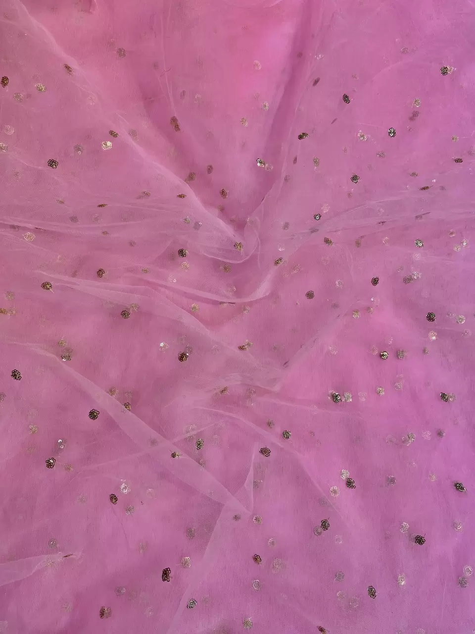 All Over Gold Sequin Buti On Baby Pink Net Fabric