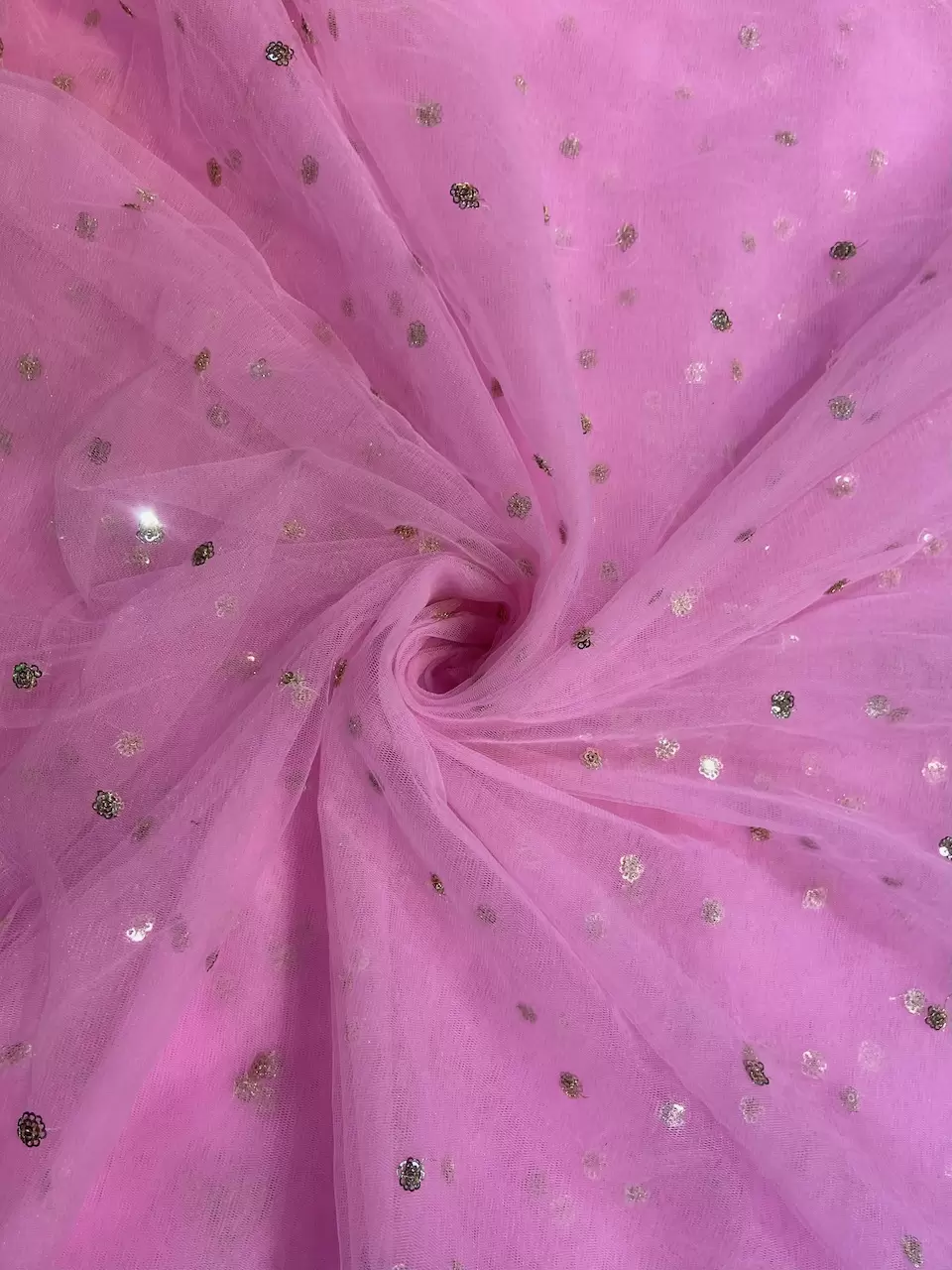 All Over Gold Sequin Buti On Baby Pink Net Fabric