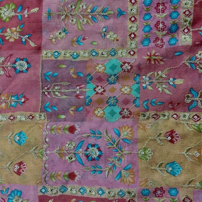 Multicolour Abstract Print Chinon Fabric With Zari Embroidery