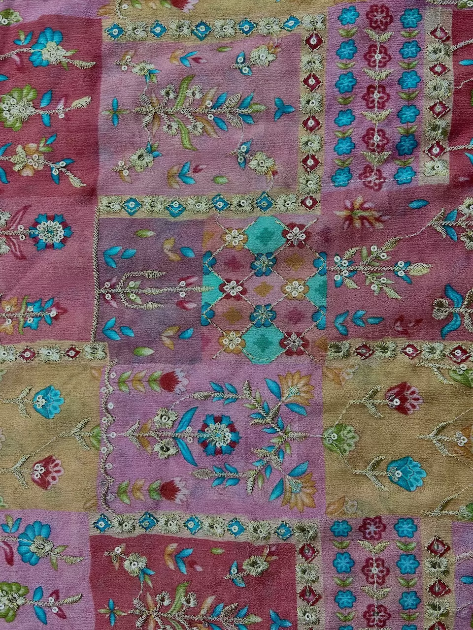 Multicolour Abstract Print Chinon Fabric With Zari Embroidery