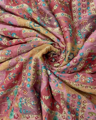 Multicolour Abstract Print Chinon Fabric With Zari Embroidery