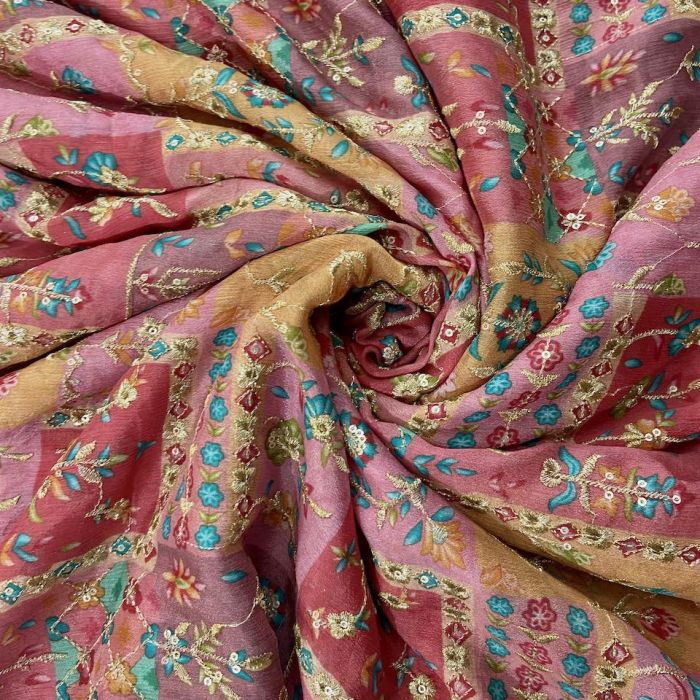 Multicolour Abstract Print Chinon Fabric With Zari Embroidery