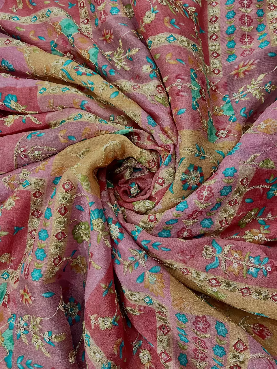 Multicolour Abstract Print Chinon Fabric With Zari Embroidery