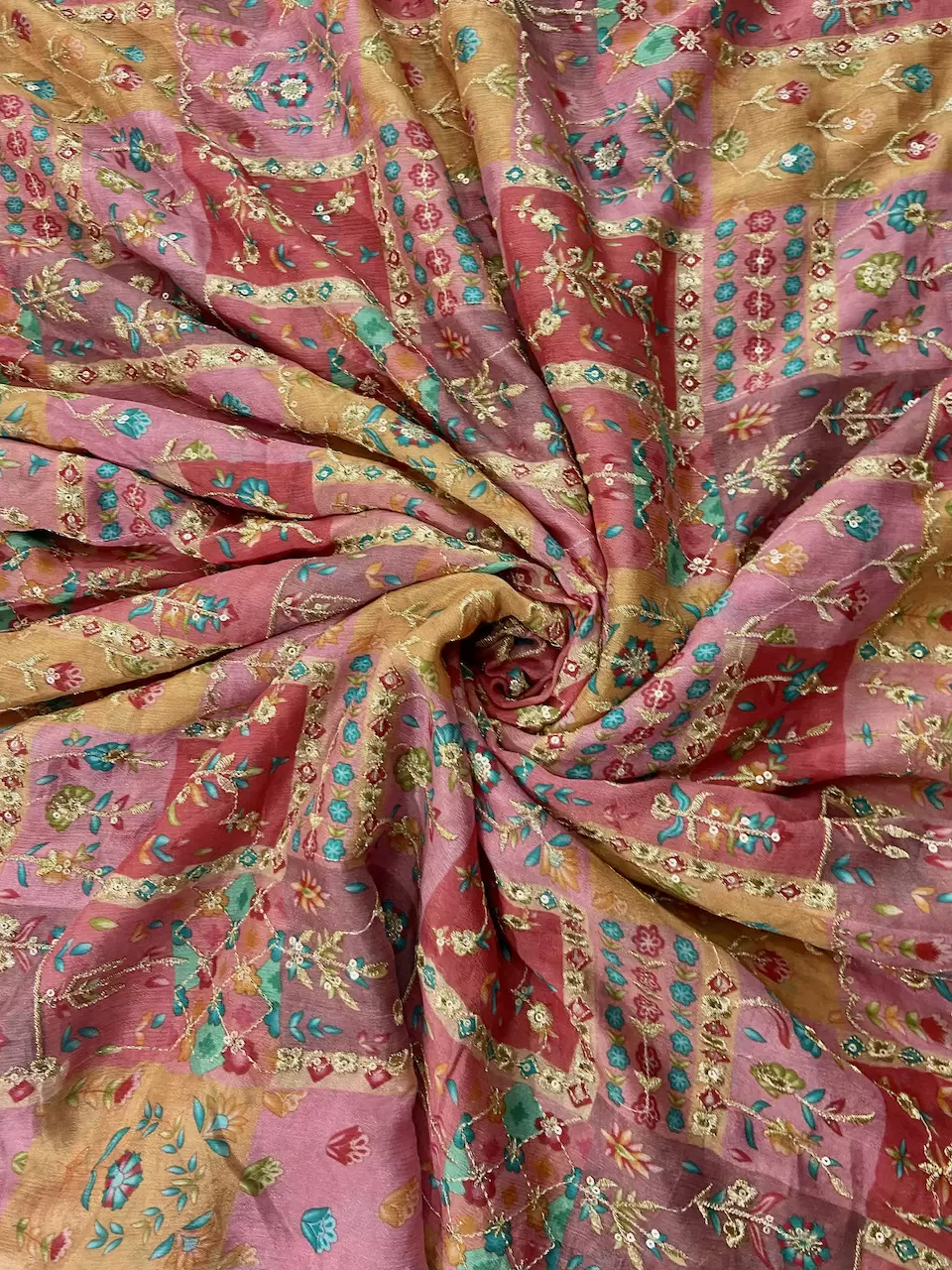 Multicolour Abstract Print Chinon Fabric With Zari Embroidery