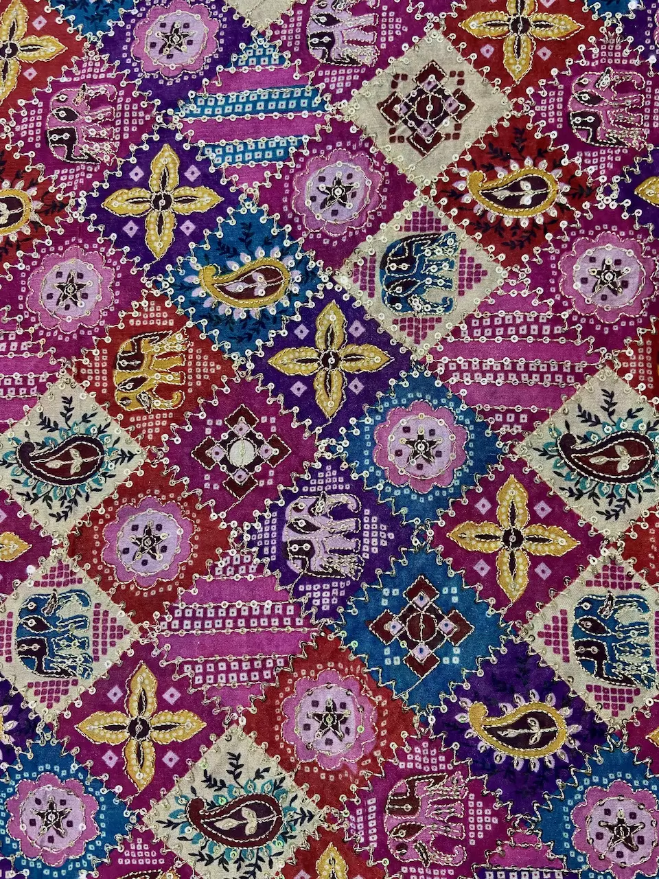 Multicolour Patola Print Chinon Fabric with sequin embroidery in check pattern