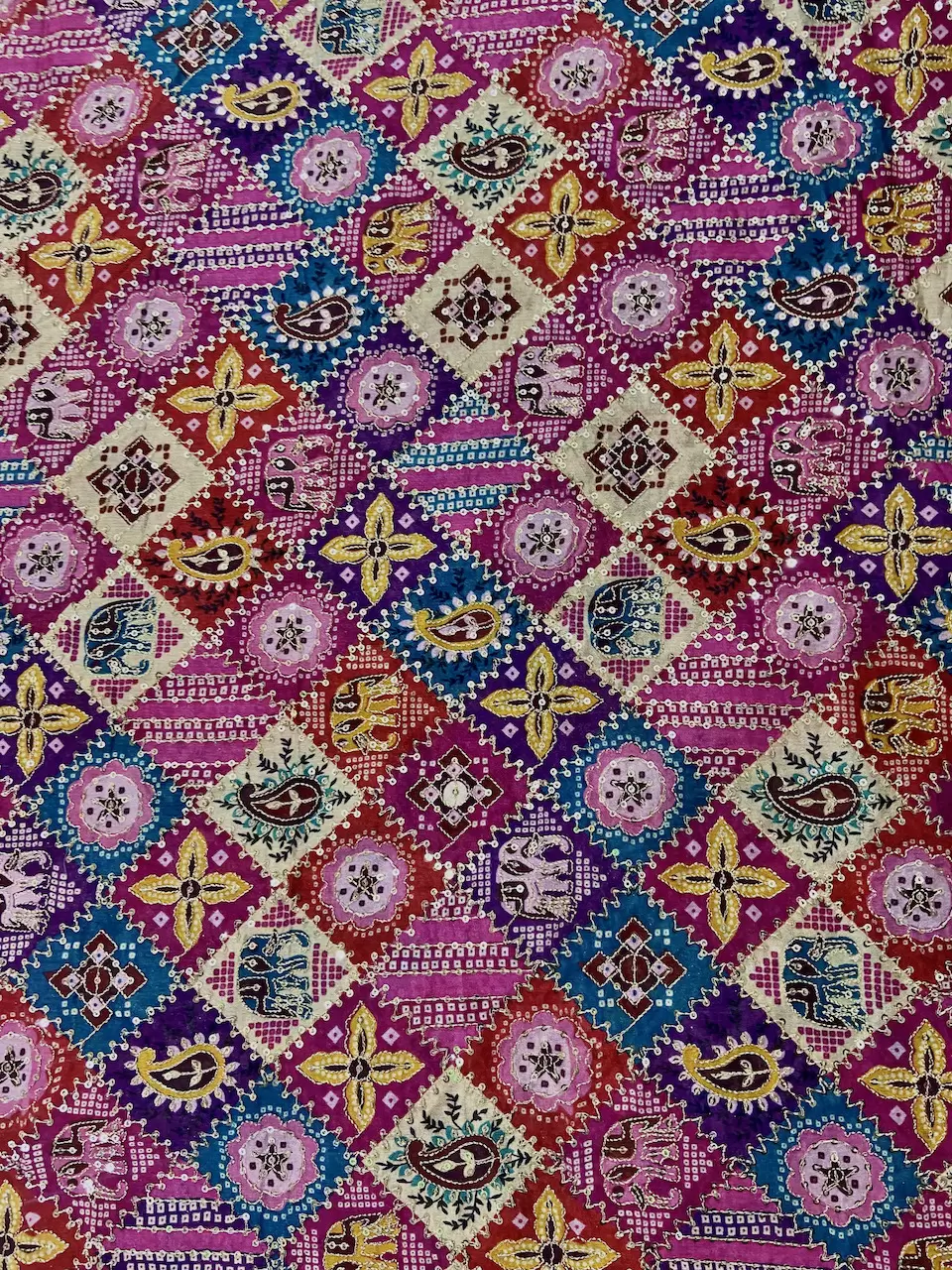 Multicolour Patola Print Chinon Fabric with sequin embroidery in check pattern