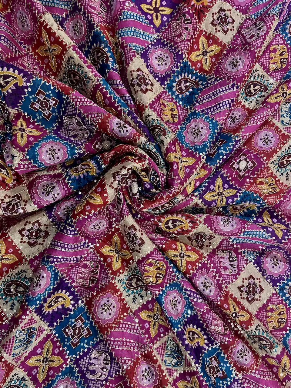 chinon fabric | Multicolour Patola Print Chinon Fabric With Sequin Embroidery In Check Pattern