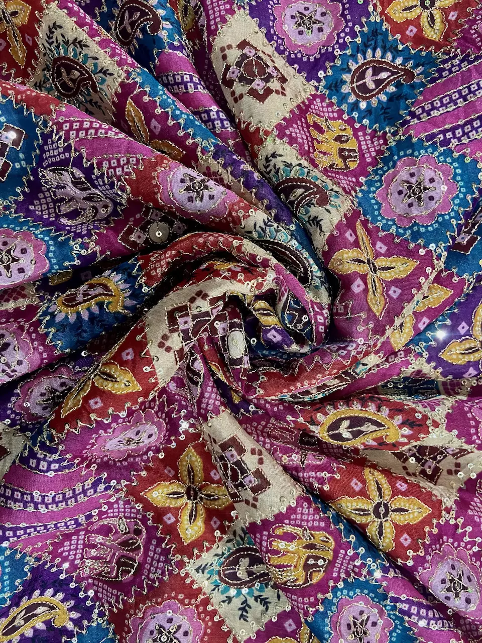 Multicolour Patola Print Chinon Fabric with sequin embroidery in check pattern