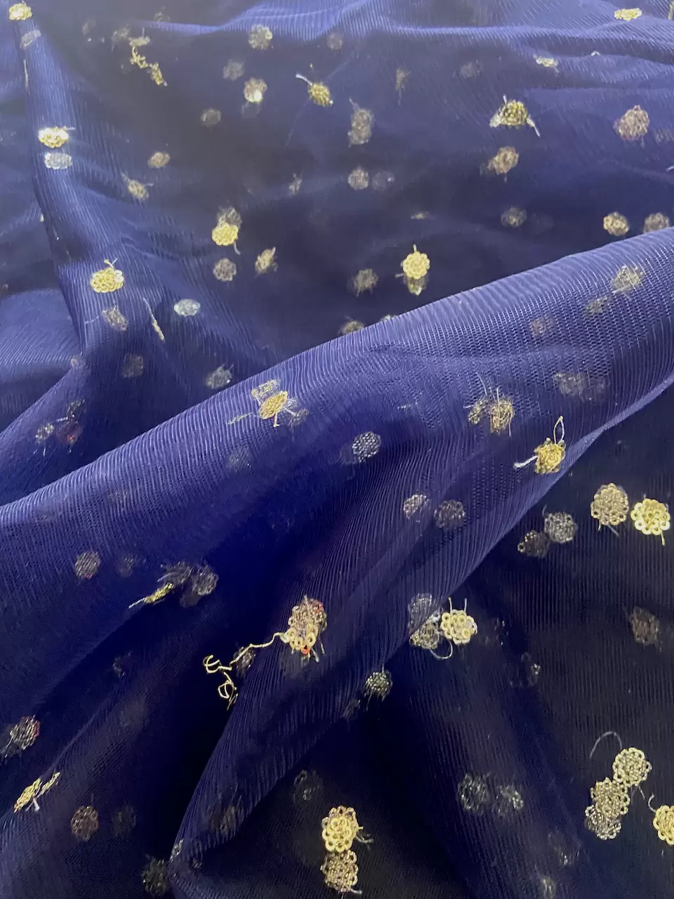 All Over Gold Sequin Buti On Navy Blue Net Fabric