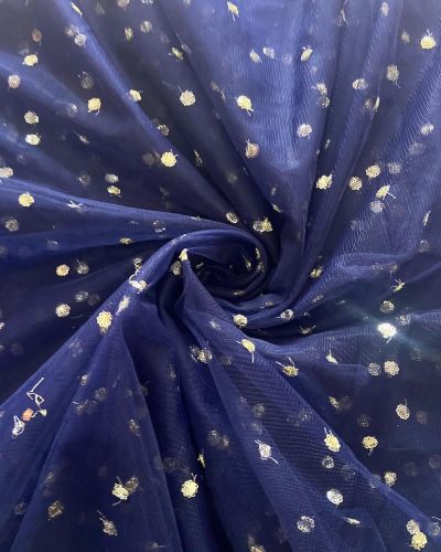 All Over Gold Sequin Buti On Navy Blue Net Fabric