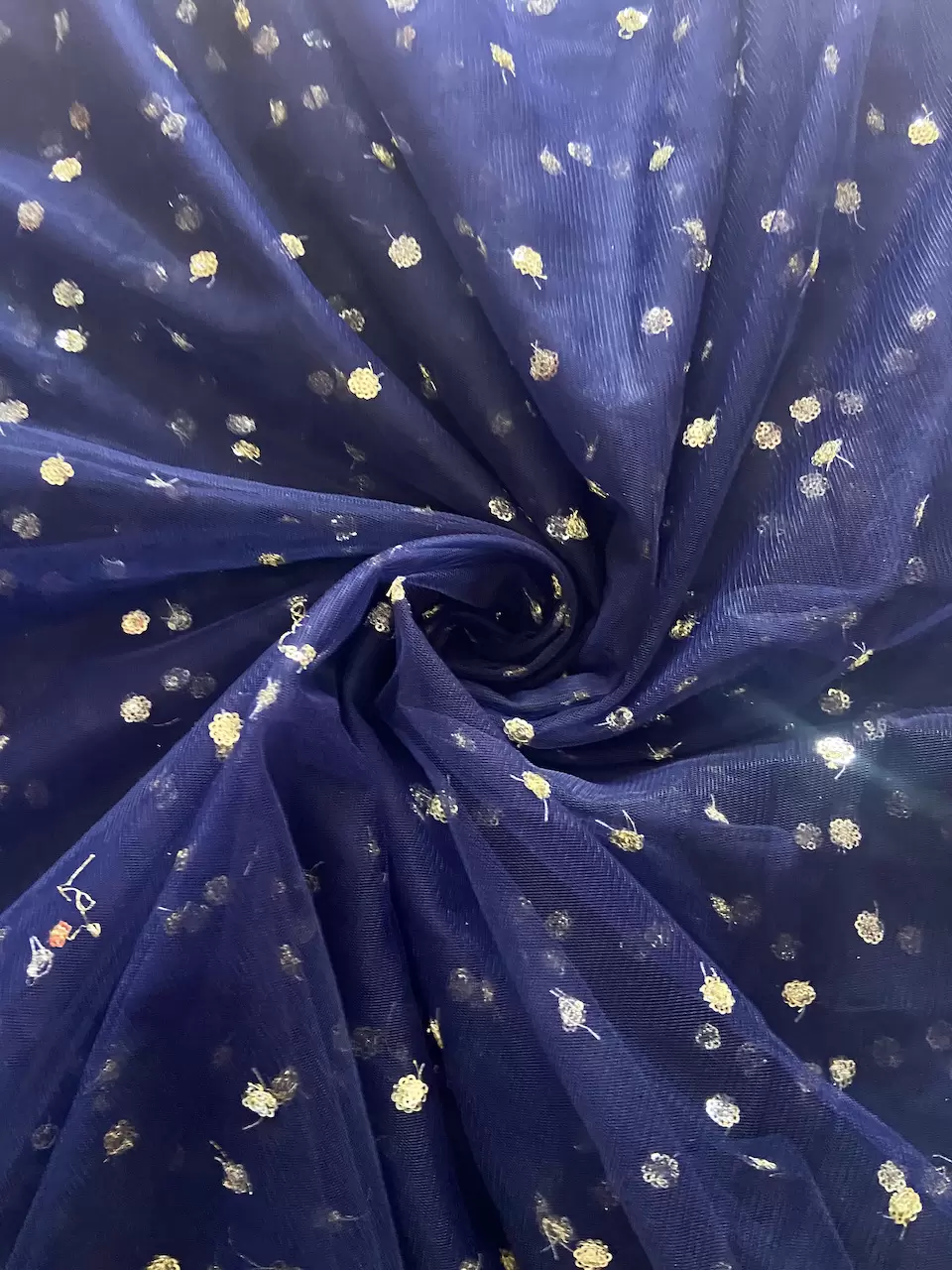 net fabric navy blue | silk blouse piece | All Over Gold Sequin Buti On Navy Blue Net Fabric